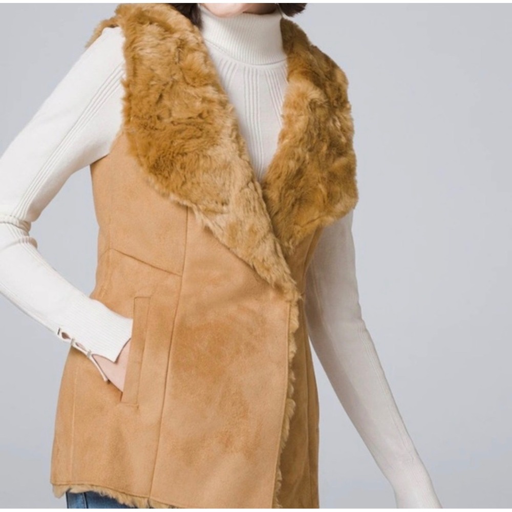 White House Black Market Faux Suede Fur Vest Camel Tan Sleeveless Jacket Small